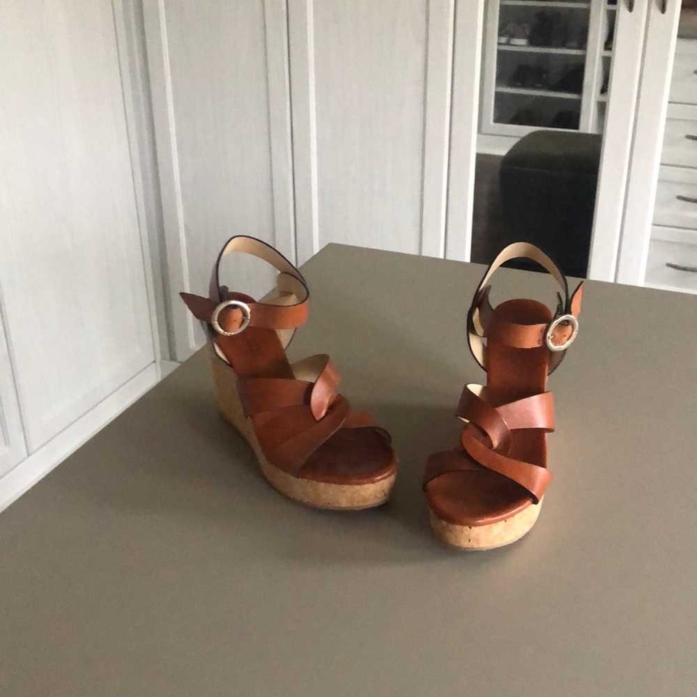 JIMMY CHOO Brown Leather Cork Platform Wedges